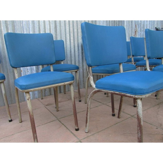 Image 1 of Ensemble de 9 chaises industrielles Tubax bleues - années 1950