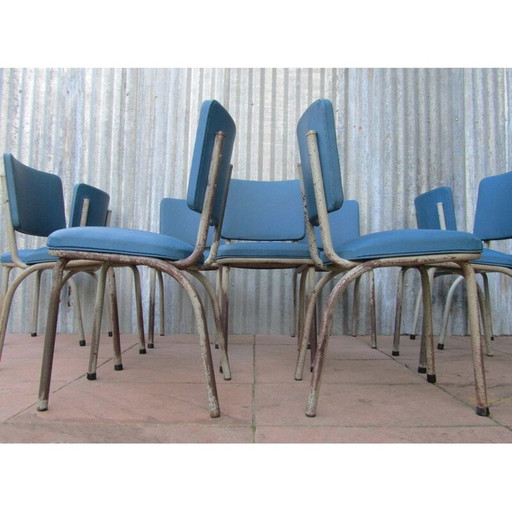 Ensemble de 9 chaises industrielles Tubax bleues - années 1950