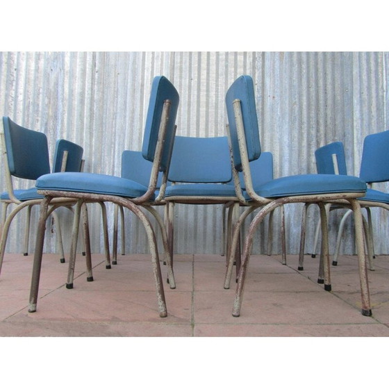 Image 1 of Ensemble de 9 chaises industrielles Tubax bleues - années 1950