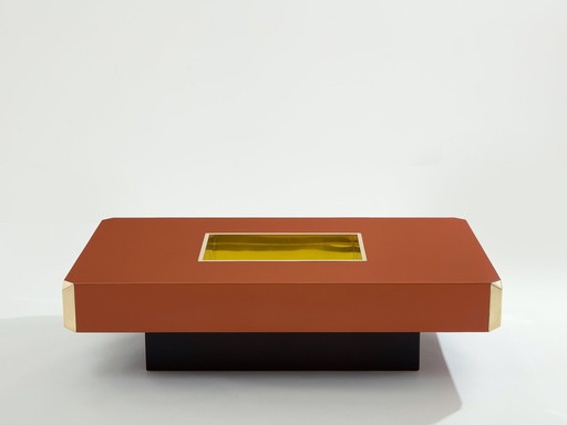 Willy Rizzo Table basse de bar en laque brune et laiton Alveo 1970S