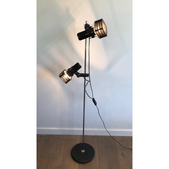 Image 1 of Lampadaire vintage en métal chromé et laqué noir par Parquet Design, France 1980