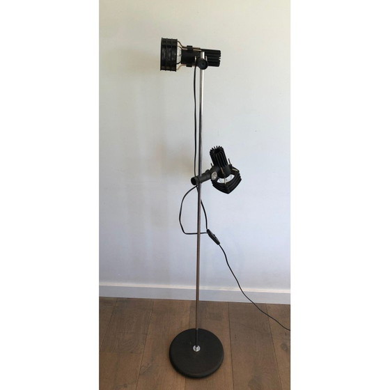 Image 1 of Lampadaire vintage en métal chromé et laqué noir par Parquet Design, France 1980