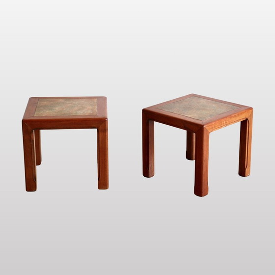 Image 1 of Paire de tables basses vintage en céramique et acajou, France 1960