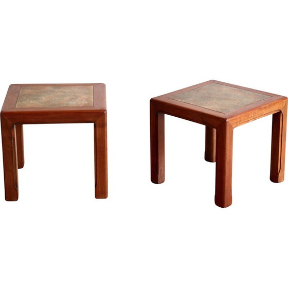 Image 1 of Paire de tables basses vintage en céramique et acajou, France 1960