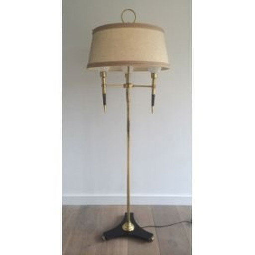 Lampadaire français vintage en bois et laiton, 1970