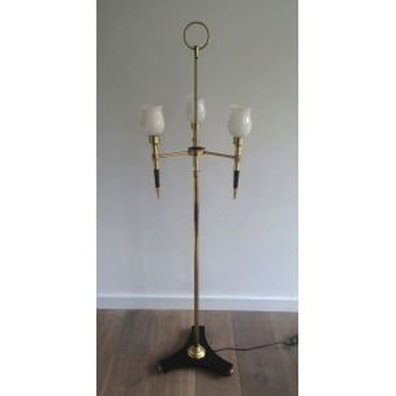 Image 1 of Lampadaire français vintage en bois et laiton, 1970