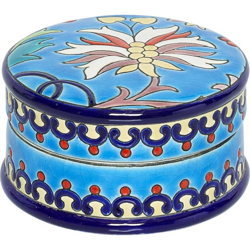 Boîte ronde en céramique émaillée Art Déco bleu turquoise, 1940