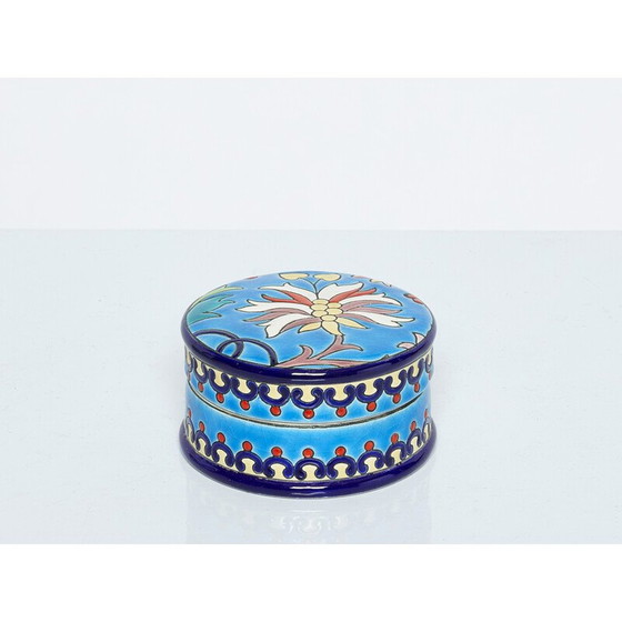Image 1 of Boîte ronde en céramique émaillée Art Déco bleu turquoise, 1940