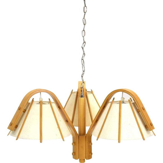 Image 1 of Lampe suspendue vintage en bois courbé et tissu par J. Wickelgren et M Strandang pour Aneta, Suède 1970