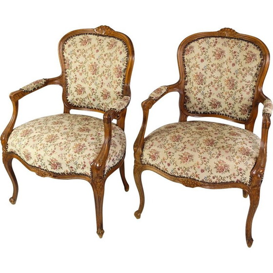 Image 1 of Paire de fauteuils néo-rococo vintage avec tissu décoré en bois clair, années 1930