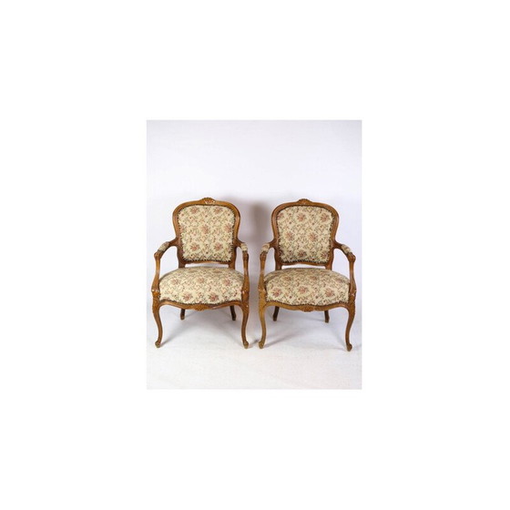 Image 1 of Paire de fauteuils néo-rococo vintage avec tissu décoré en bois clair, années 1930