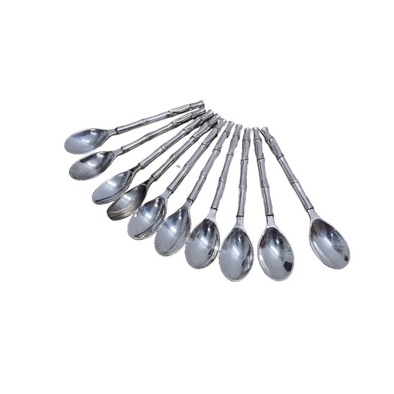 Image 1 of Cuillères à café vintage à motif en bambou plaqué argent 1980
