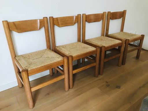 Ensemble de 4 chaises de salle à manger en chêne naturel par Vico Magistretti, années 1960