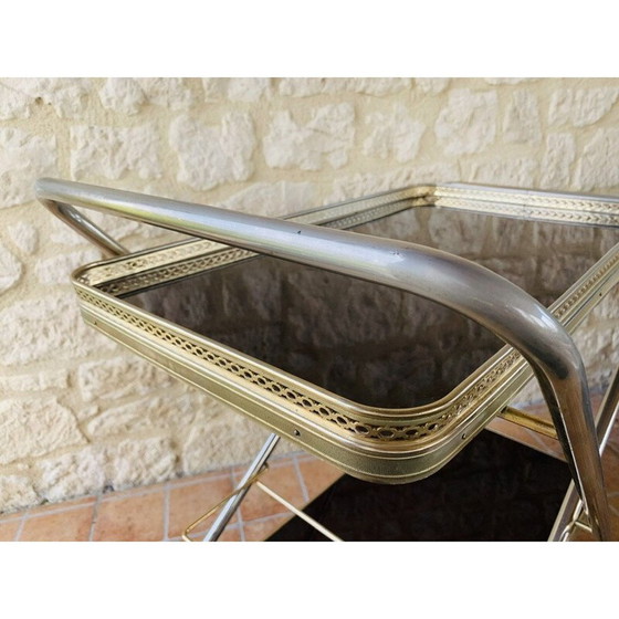 Image 1 of Chariot de bar vintage en laiton avec plateaux en formica sur roues multidirectionnelles 1960s