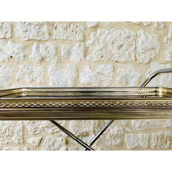 Image 1 of Chariot de bar vintage en laiton avec plateaux en formica sur roues multidirectionnelles 1960s