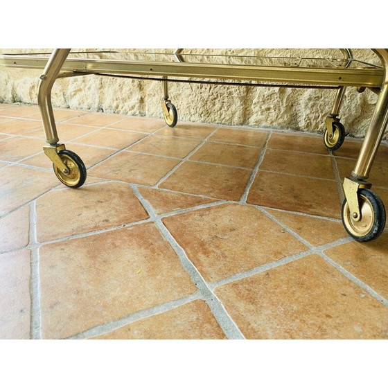 Image 1 of Chariot de bar vintage en laiton avec plateaux en formica sur roues multidirectionnelles 1960s