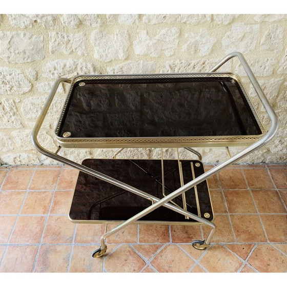 Image 1 of Chariot de bar vintage en laiton avec plateaux en formica sur roues multidirectionnelles 1960s