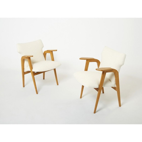 Image 1 of Paire de fauteuils compas vintage en chêne et laine bouclette par Roger Landault, 1950