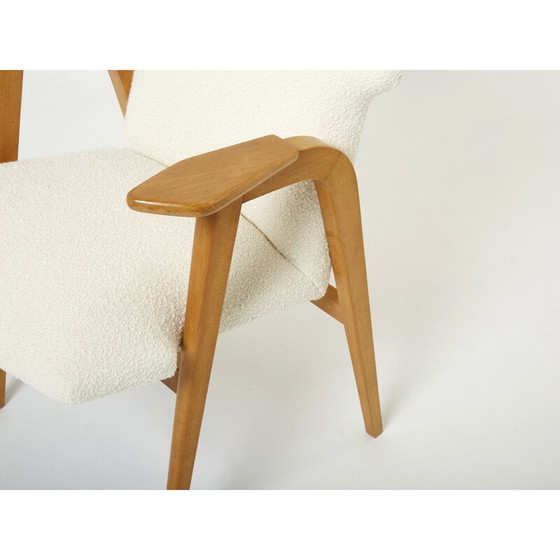 Image 1 of Paire de fauteuils compas vintage en chêne et laine bouclette par Roger Landault, 1950