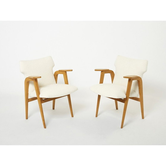Image 1 of Paire de fauteuils compas vintage en chêne et laine bouclette par Roger Landault, 1950