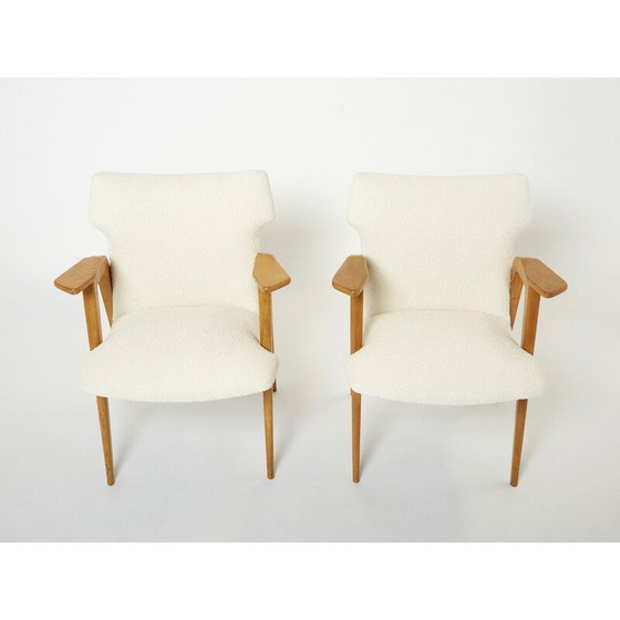 Image 1 of Paire de fauteuils compas vintage en chêne et laine bouclette par Roger Landault, 1950