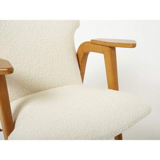 Image 1 of Paire de fauteuils compas vintage en chêne et laine bouclette par Roger Landault, 1950