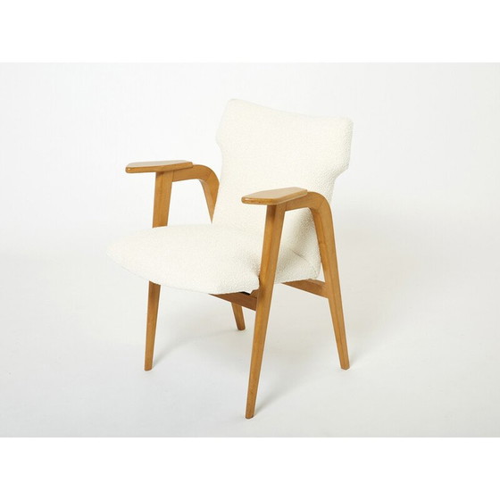 Image 1 of Paire de fauteuils compas vintage en chêne et laine bouclette par Roger Landault, 1950