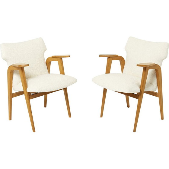 Image 1 of Paire de fauteuils compas vintage en chêne et laine bouclette par Roger Landault, 1950