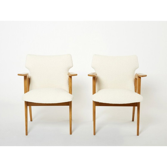 Image 1 of Paire de fauteuils compas vintage en chêne et laine bouclette par Roger Landault, 1950