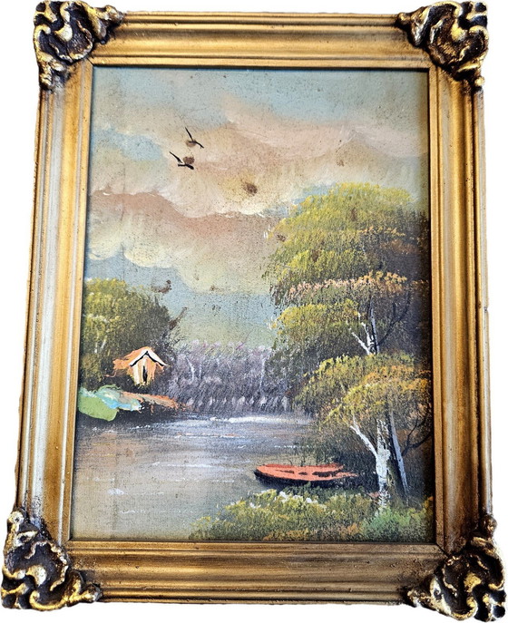 Image 1 of Tableau à l'huile vintage d'Egypte avec cadre en bois