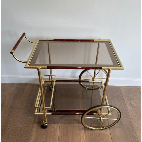 Image 1 of Table roulante vintage en laiton et céluloïd rouge-orange