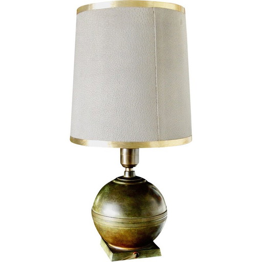 Lampe vintage en bronze patiné et cuir, Danemark 1930