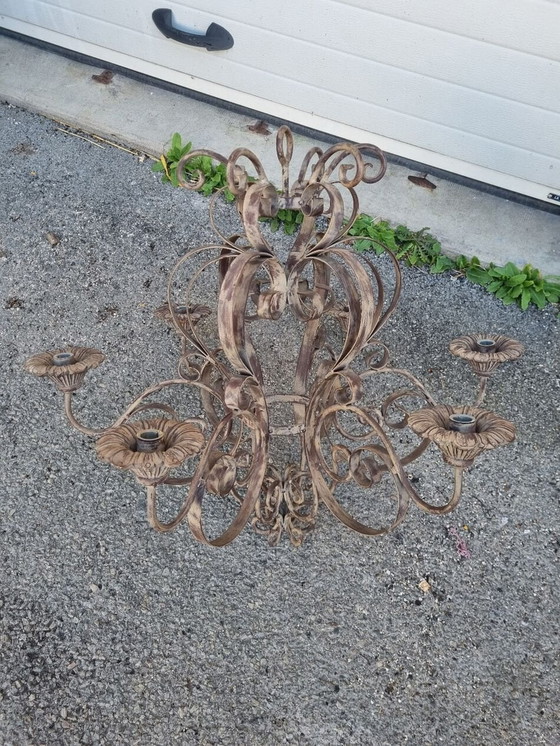 Image 1 of Lustre Bougeoirs Fer Frappé Et Forgé