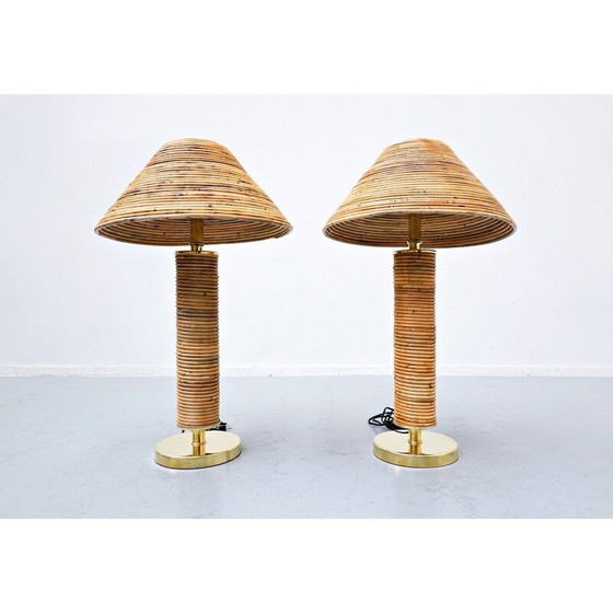 Image 1 of Paire de lampes de table vintage en laiton et bambou, Italie