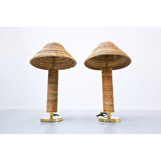 Image 1 of Paire de lampes de table vintage en laiton et bambou, Italie