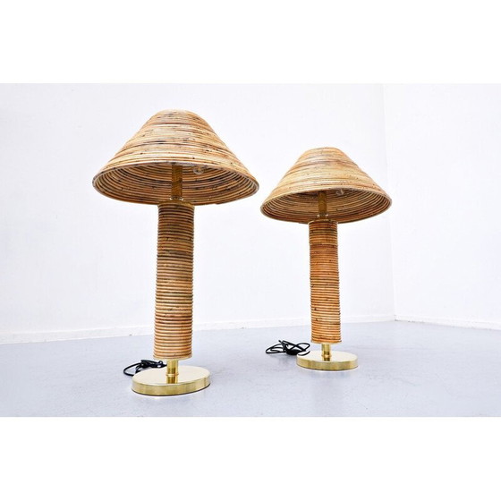 Image 1 of Paire de lampes de table vintage en laiton et bambou, Italie