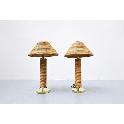Paire de lampes de table vintage en laiton et bambou, Italie