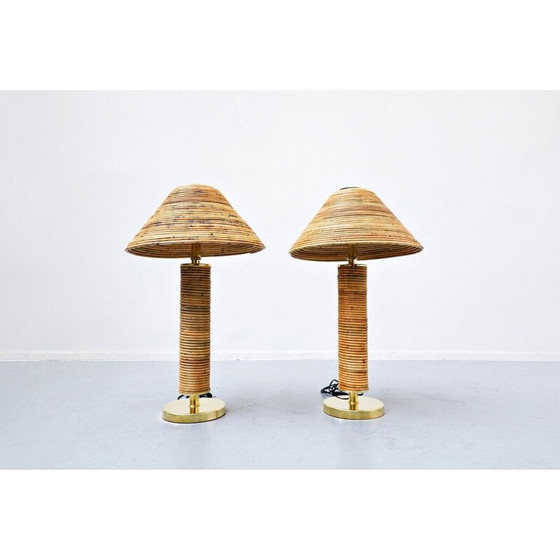 Image 1 of Paire de lampes de table vintage en laiton et bambou, Italie