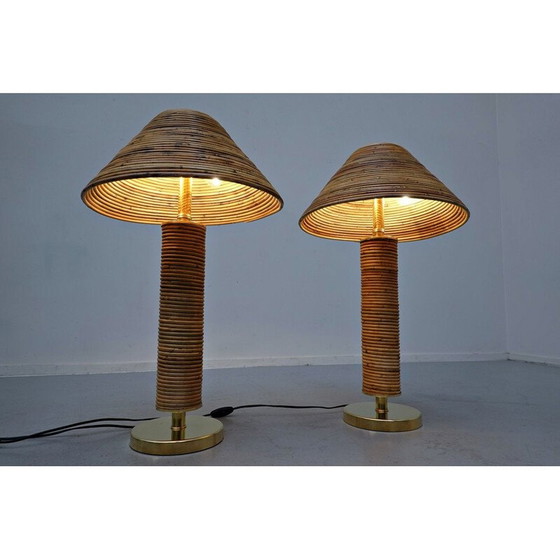 Image 1 of Paire de lampes de table vintage en laiton et bambou, Italie