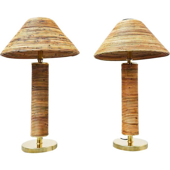 Image 1 of Paire de lampes de table vintage en laiton et bambou, Italie