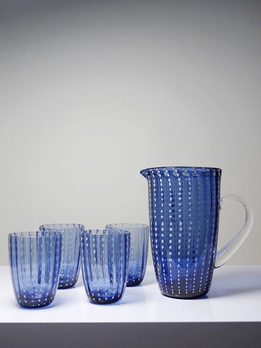 Ensemble Pichet Et 4 Verres En Verre Bleu Perlé Federico De Majo Murano