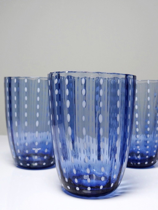 Ensemble Pichet Et 4 Verres En Verre Bleu Perlé Federico De Majo Murano