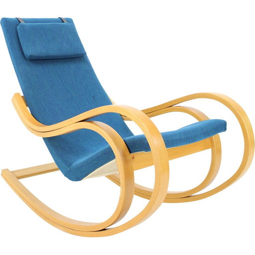 Fauteuil à bascule vintage en tissu et bois, Tchécoslovaquie 1970