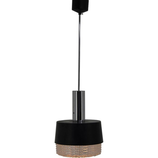 Lampe suspendue vintage en verre et métal noir par Napako, Tchécoslovaquie 1970