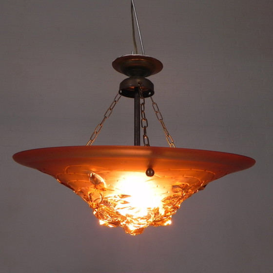 Image 1 of Lampe suspendue Art Déco, bol en verre avec rose en relief, années 1930