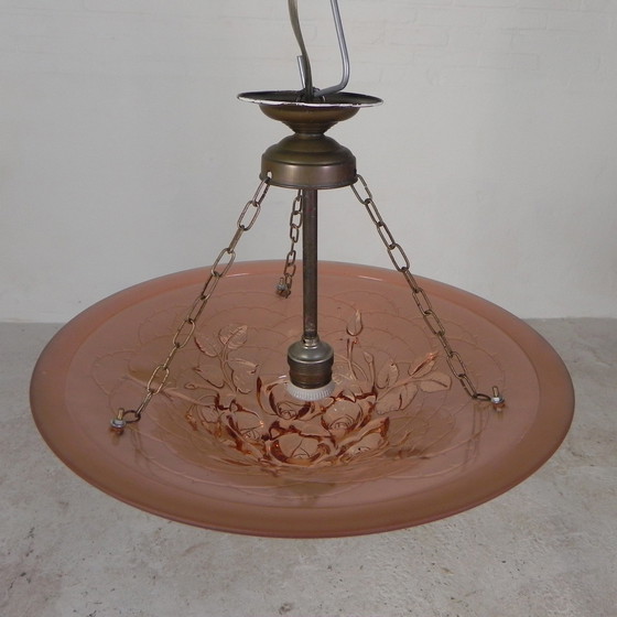 Image 1 of Lampe suspendue Art Déco, bol en verre avec rose en relief, années 1930