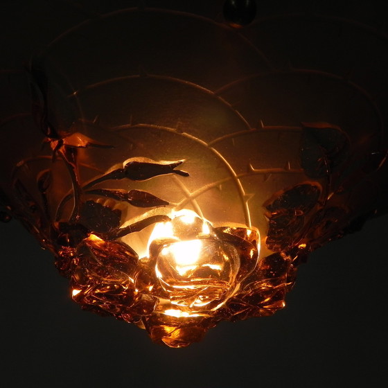 Image 1 of Lampe suspendue Art Déco, bol en verre avec rose en relief, années 1930