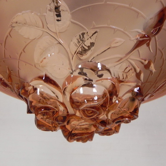 Image 1 of Lampe suspendue Art Déco, bol en verre avec rose en relief, années 1930