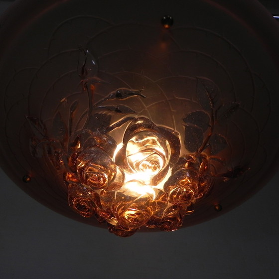 Image 1 of Lampe suspendue Art Déco, bol en verre avec rose en relief, années 1930