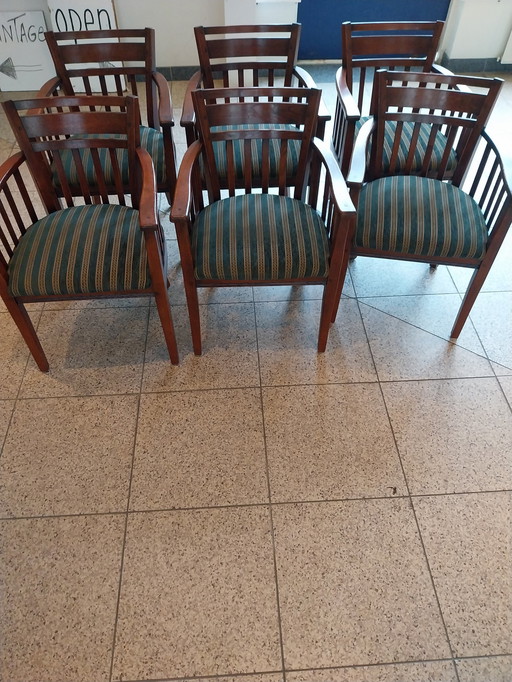 6 X chaises de salle à manger Bannink avec tapisserie d'ameublement vert et or.